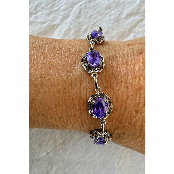Purple Amethyst CZ Sterling Silver 925 Tennis Bracelet 7.25" Brilliant Stones - Picture 2 of 7